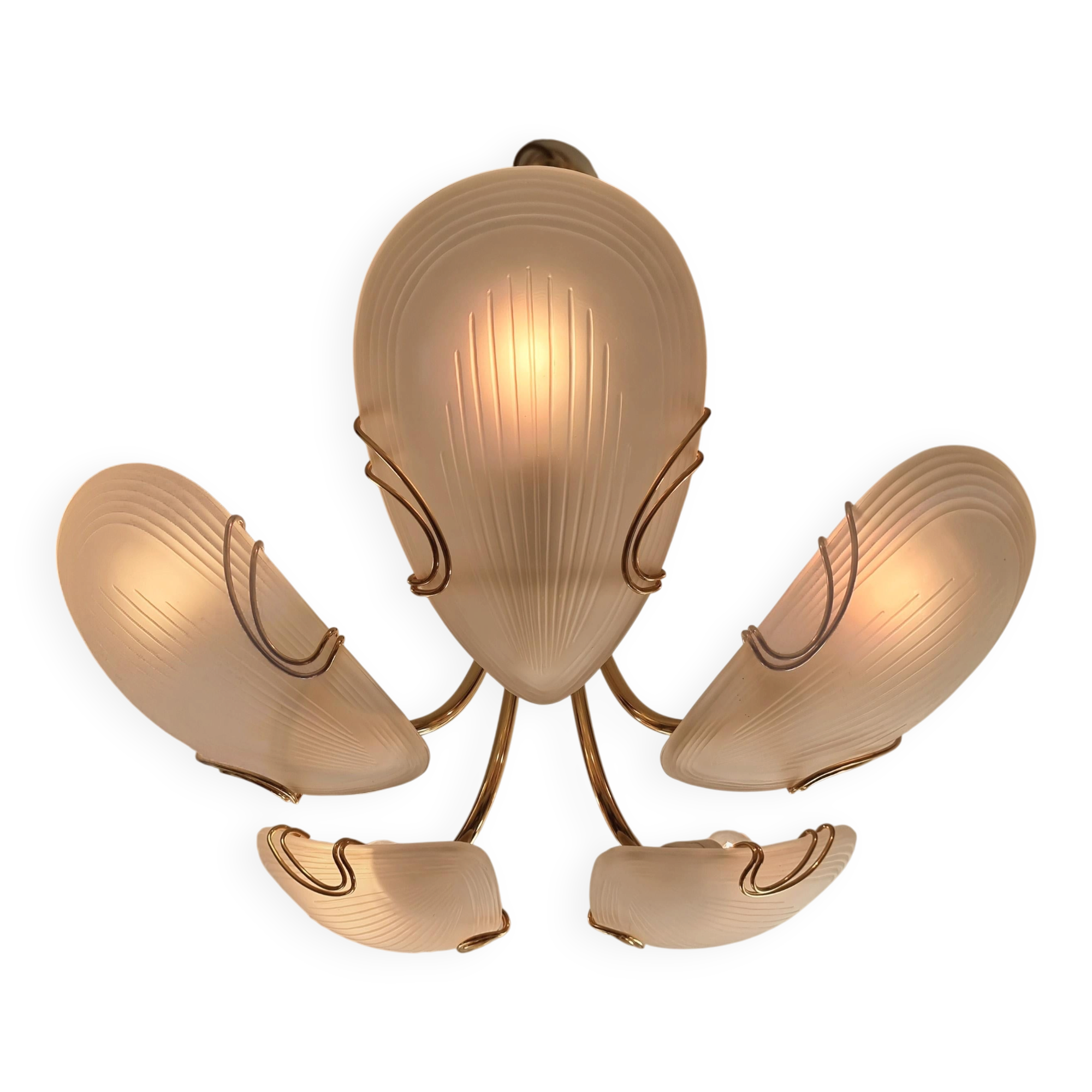 Reijmyre brass pendant with clam-shaped glass, Sweden, 1980s/90s Art Deco style.