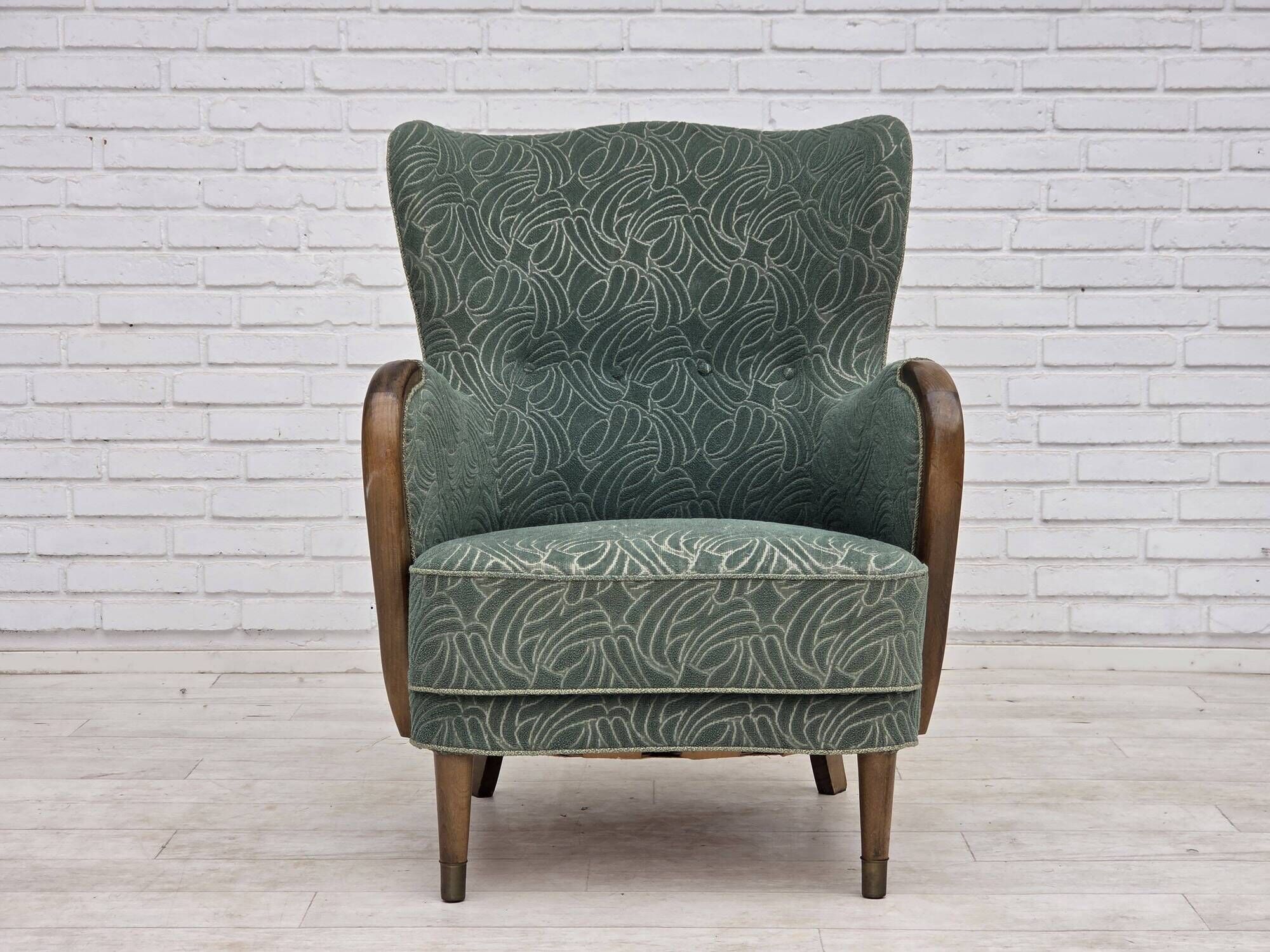 1960s, Danish armchair, green furniture velour, beech wood.