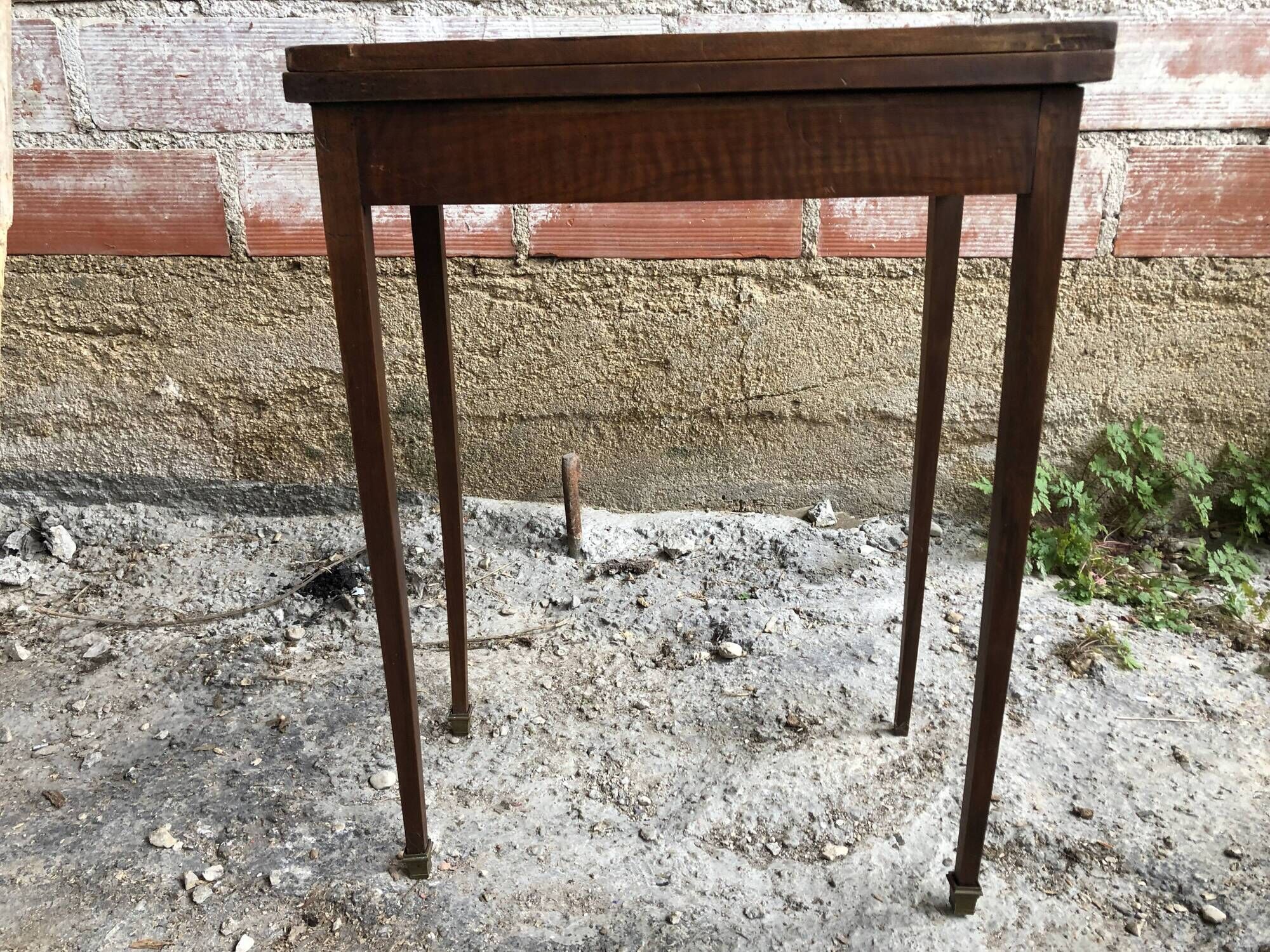 Old Game Table Folding Wood Green Carpet + Vintage Brass Hooves