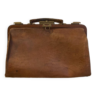 Valise / Sacoche de médecin en cuir (croco ?) époque XIXe, fermoirs et pieds en laiton