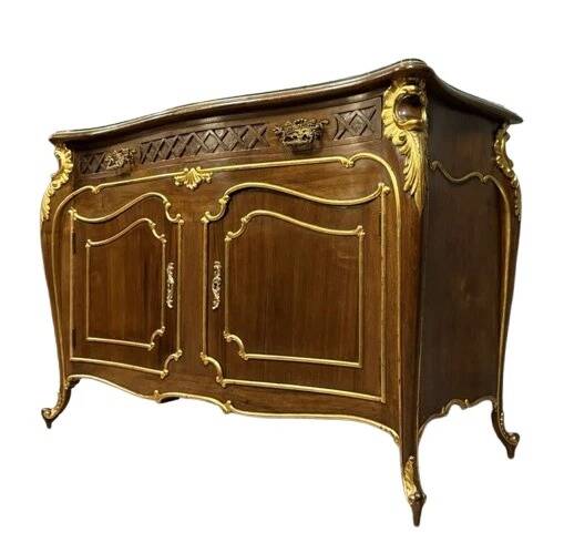 Louis XV style chest of drawers with curved Venetian doors in mahogany and gilded wood