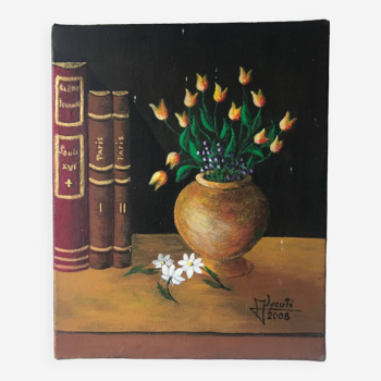 Petite tableau huile sur toile nature morte bouquet de fleurs