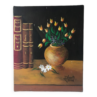 Petite tableau huile sur toile nature morte bouquet de fleurs