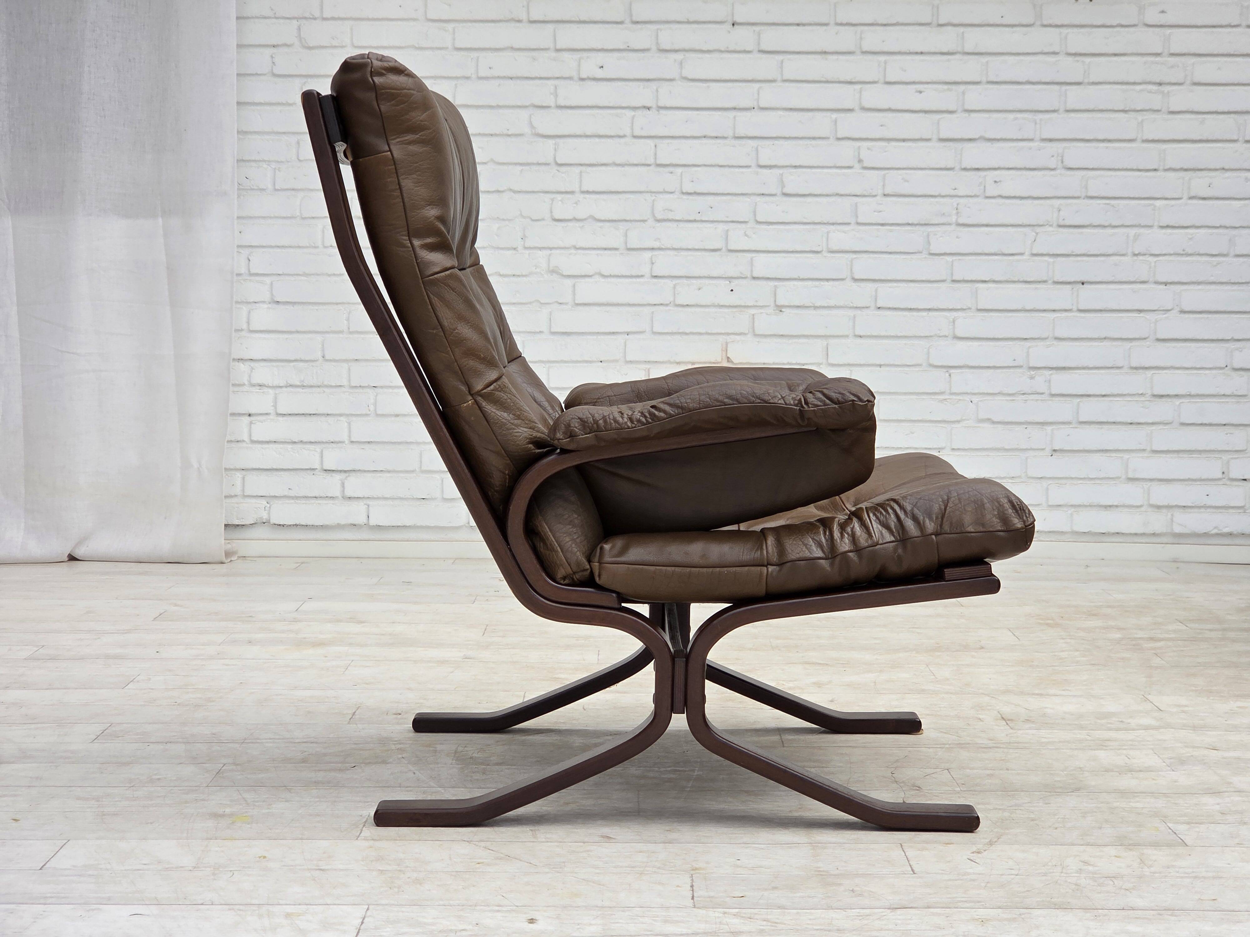 Fauteuil en cuir de meuble marron, années 1970, design scandinave,