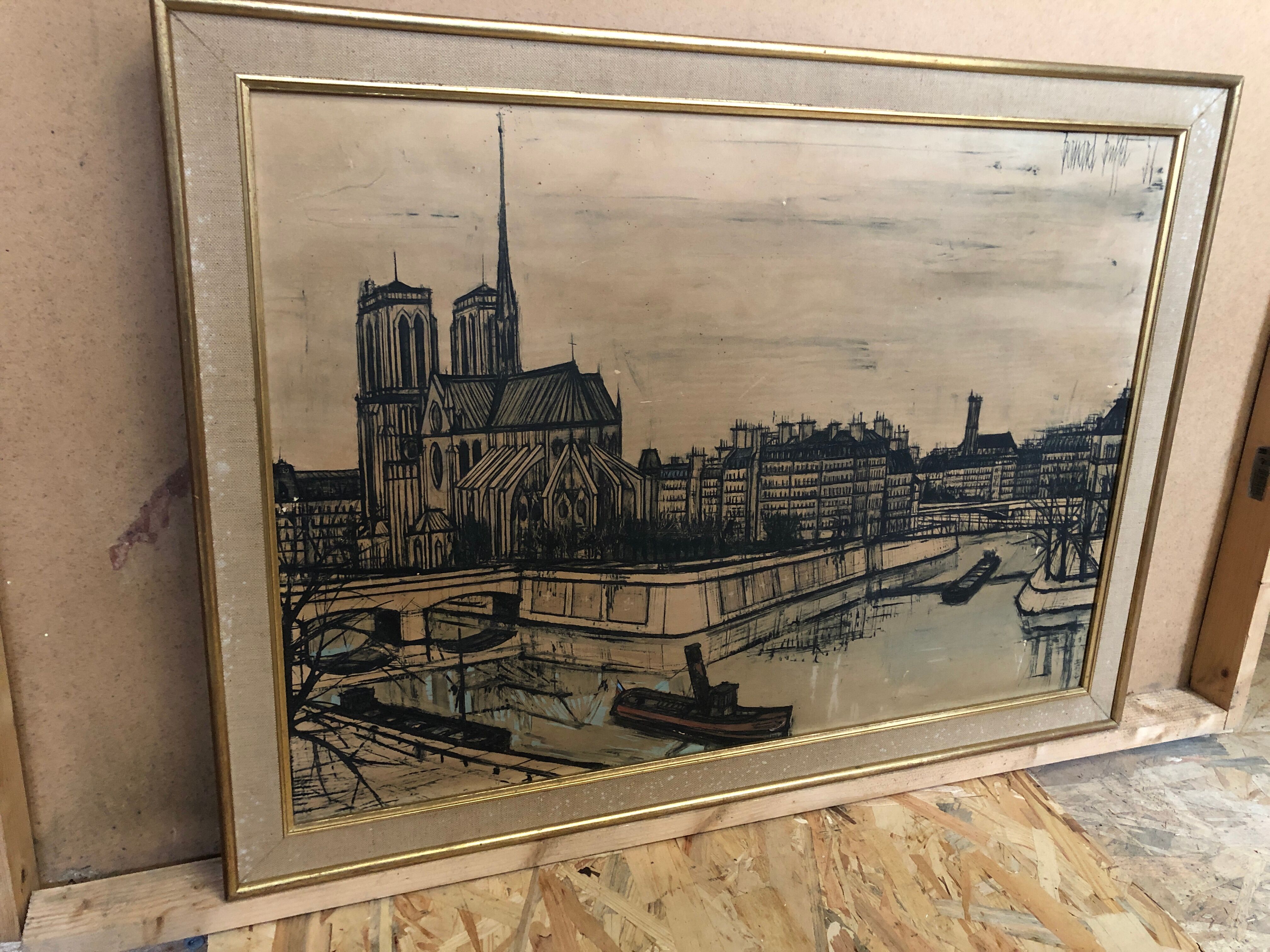 Old painting on canvas buffet 56 Notre Dame Paris + vintage wooden frame