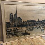 Ancien tableau tirage sur toile buffet 56 notre dame paris + cadre bois vintage