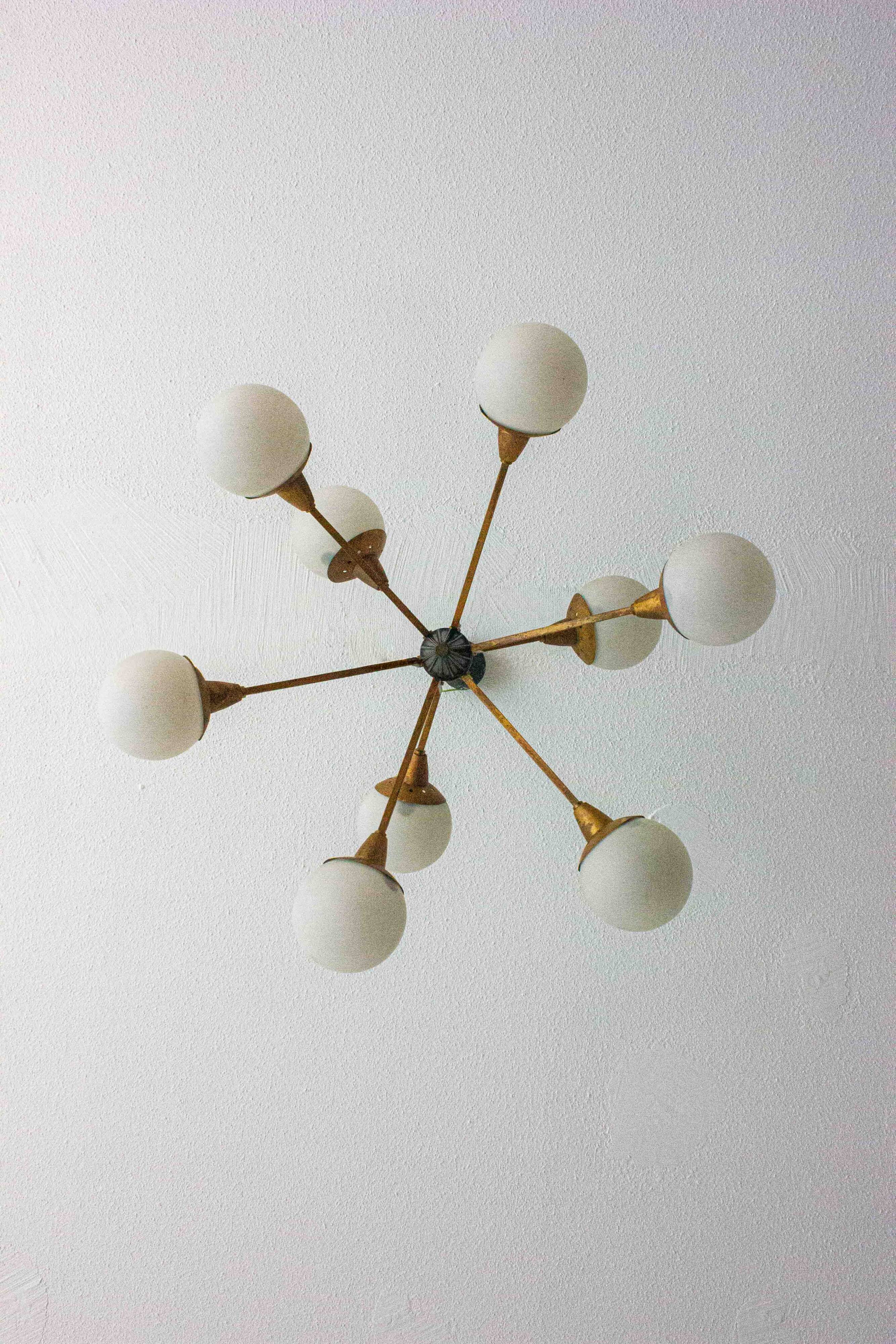 Impressive brass chandelier with opaline globes, Italy 1960s