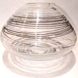 Textured oval blown glass vase with black and white glass spaghetti.
