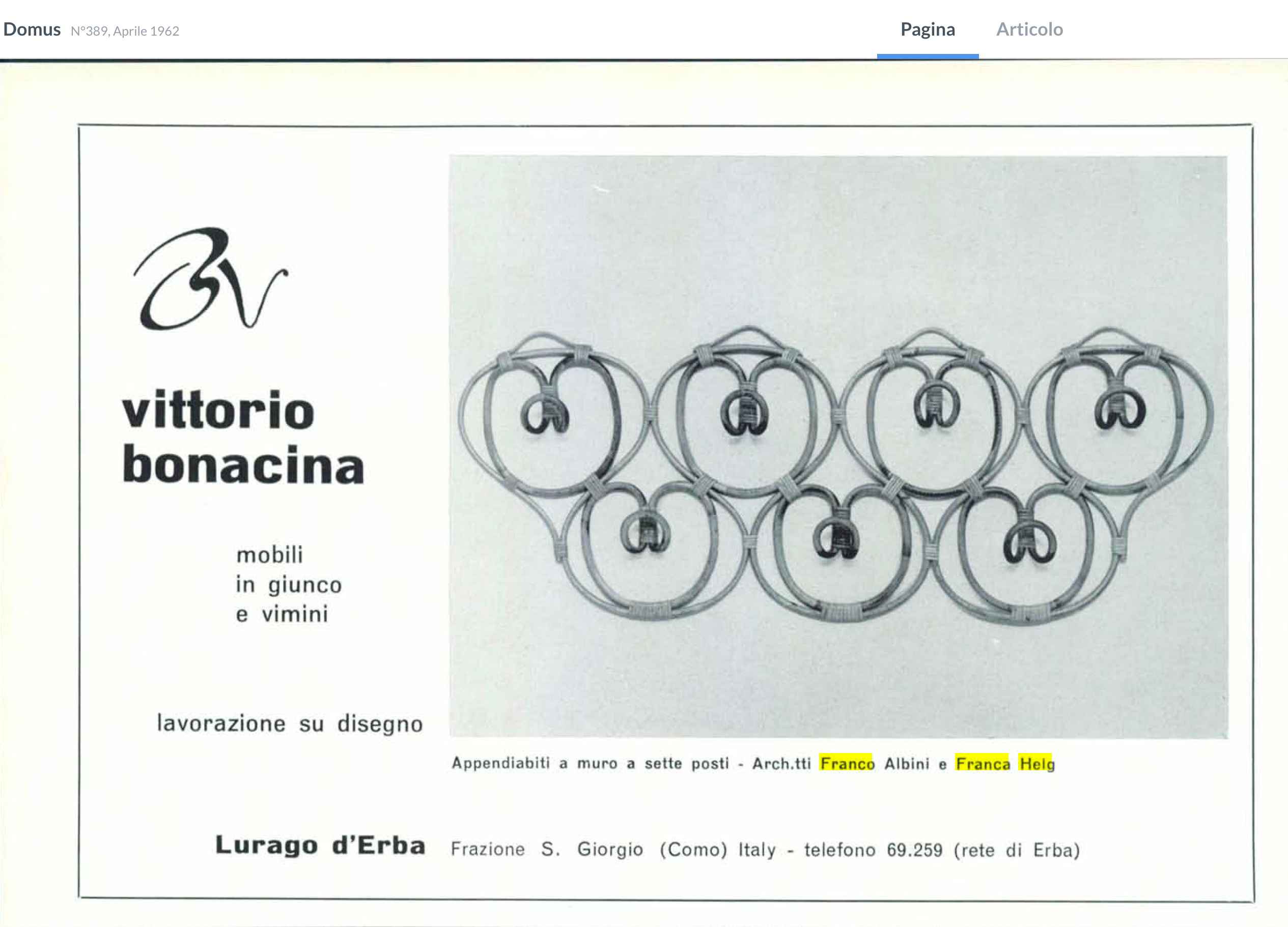 Wall-mounted reed and wicker coat rack by franco albini and franca helg for vittorio bonacina 1958