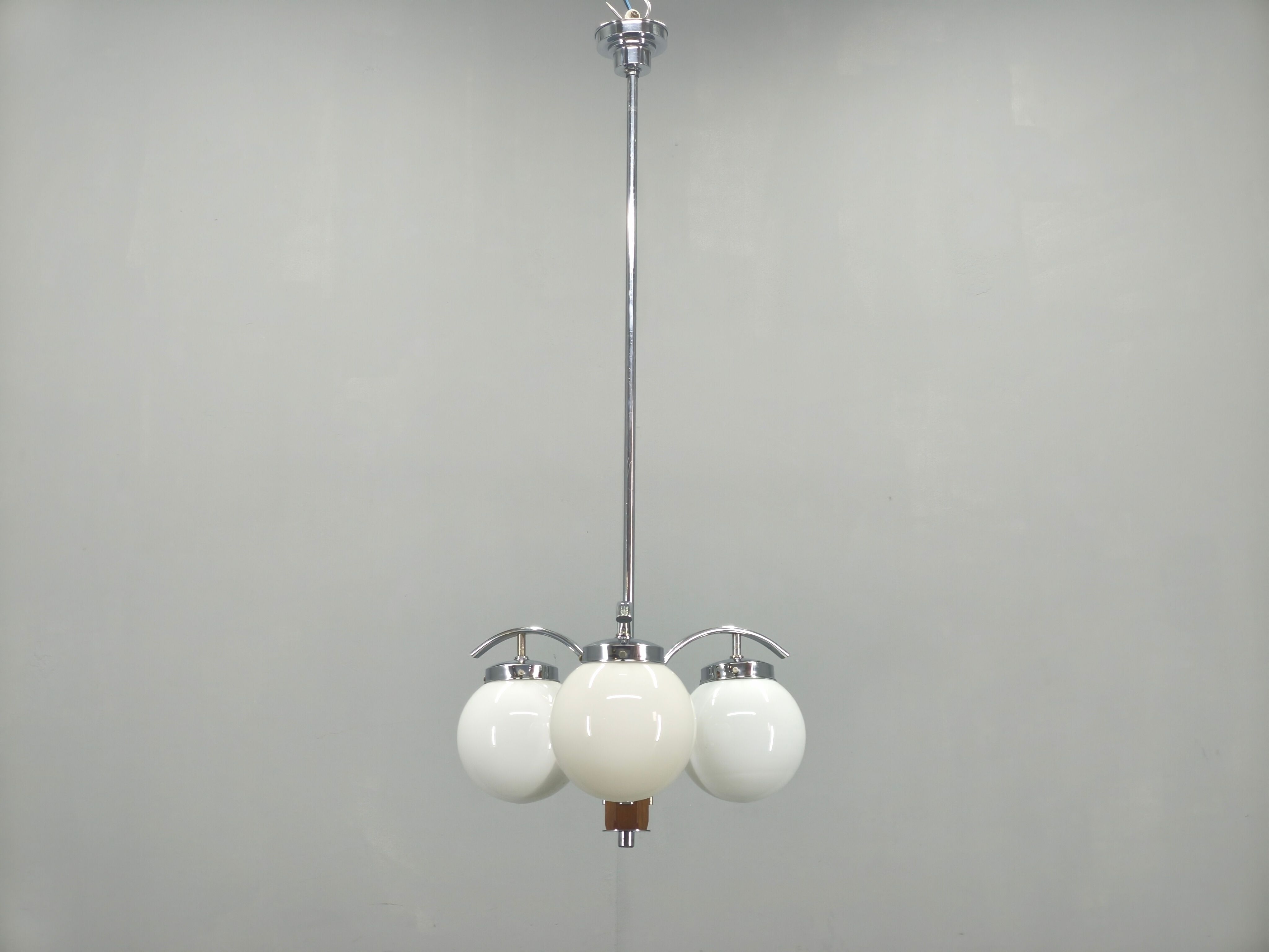 Art Deco Chandelier, Chrome, Walnut & Glass, 1930s