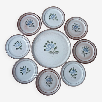 8 dessert plates + brown/blue stoneware tart dish, Fanchon model by MBFA Pornic, 1970s