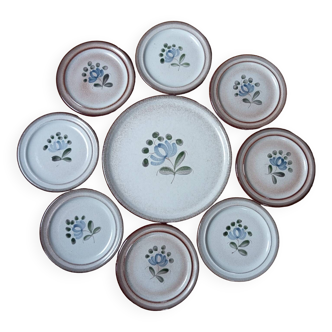 8 dessert plates + brown/blue stoneware tart dish, Fanchon model by MBFA Pornic, 1970s