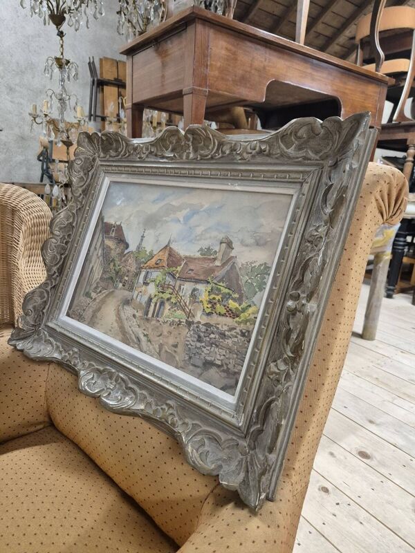 Tableau aquarelle paysage signé Robert Rutz cadre d'origine Montparnasse