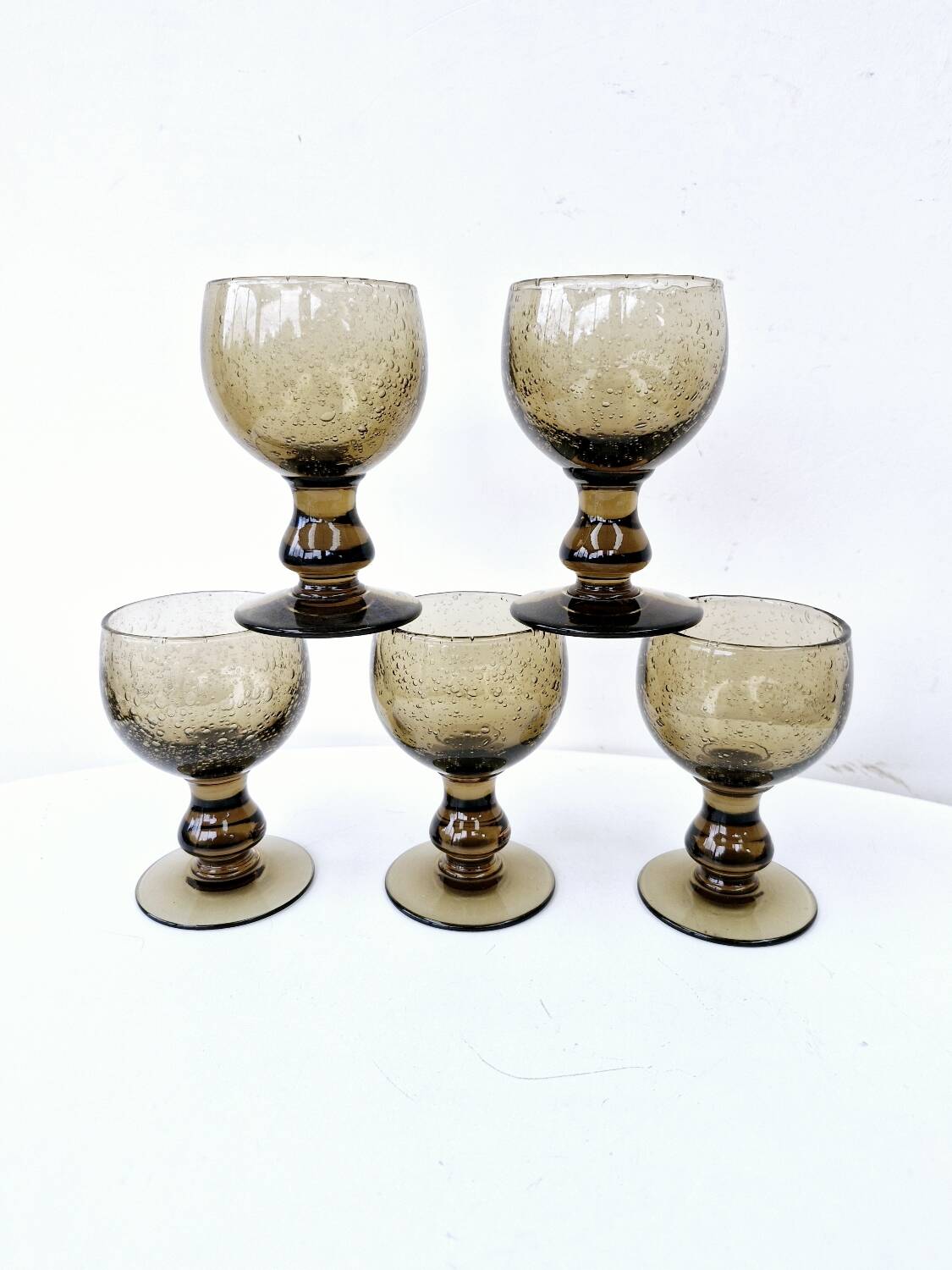 5 Medium Glasses on Vintage Smoked Bubble Base Biot H 11.5cm
