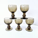5 Medium Glasses on Vintage Smoked Bubble Base Biot H 11.5cm