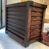 Japanese antique wooden chest with black fittings.