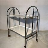 Vintage folding trolley in chromed metal and enamelled trays