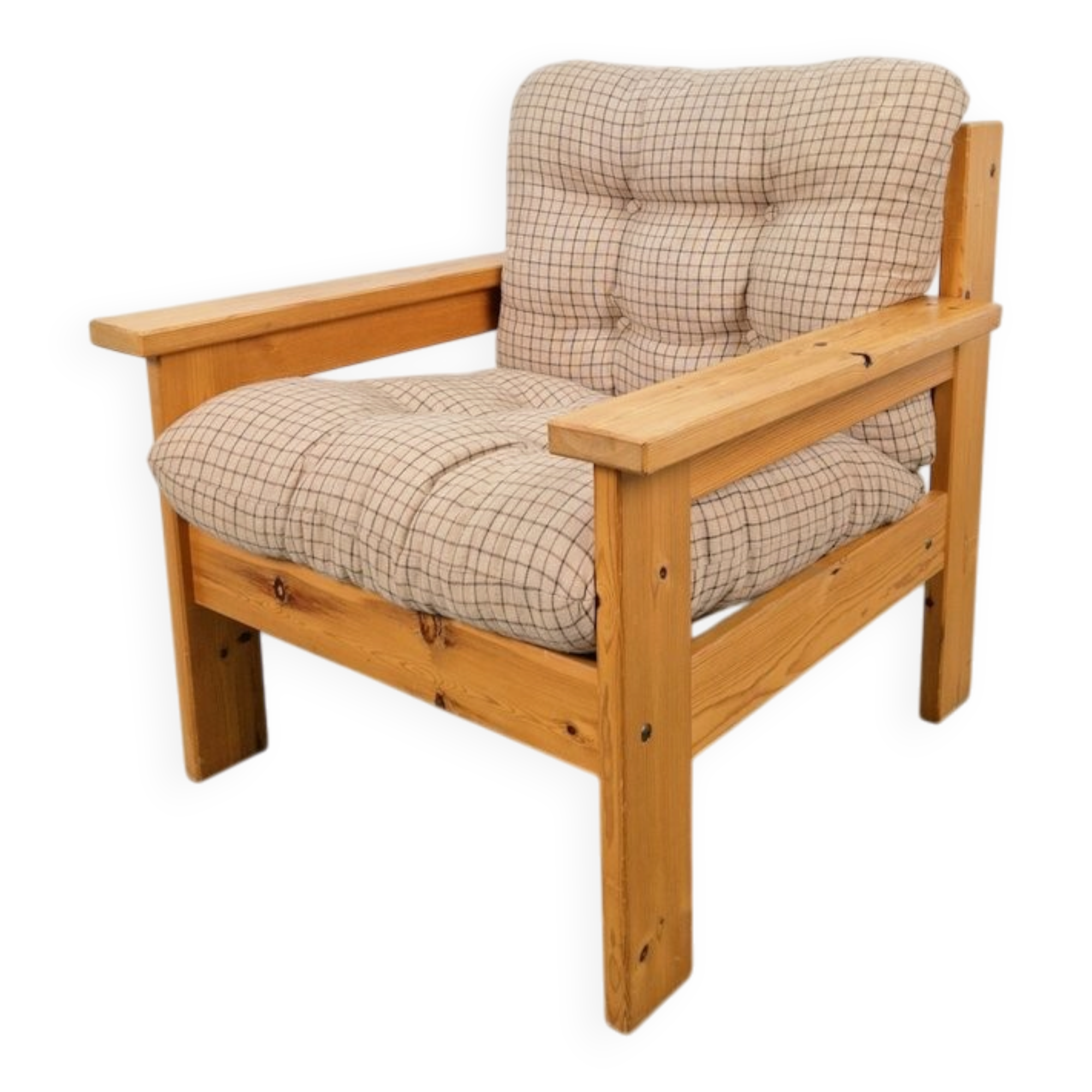 Vintage Brutalist Armchair in Pine and Fabric, 1970s