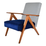Fauteuil original restauré compas années 1960 velours bleu, pied de poule