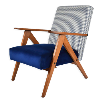 Fauteuil original restauré compas années 1960 velours bleu, pied de poule