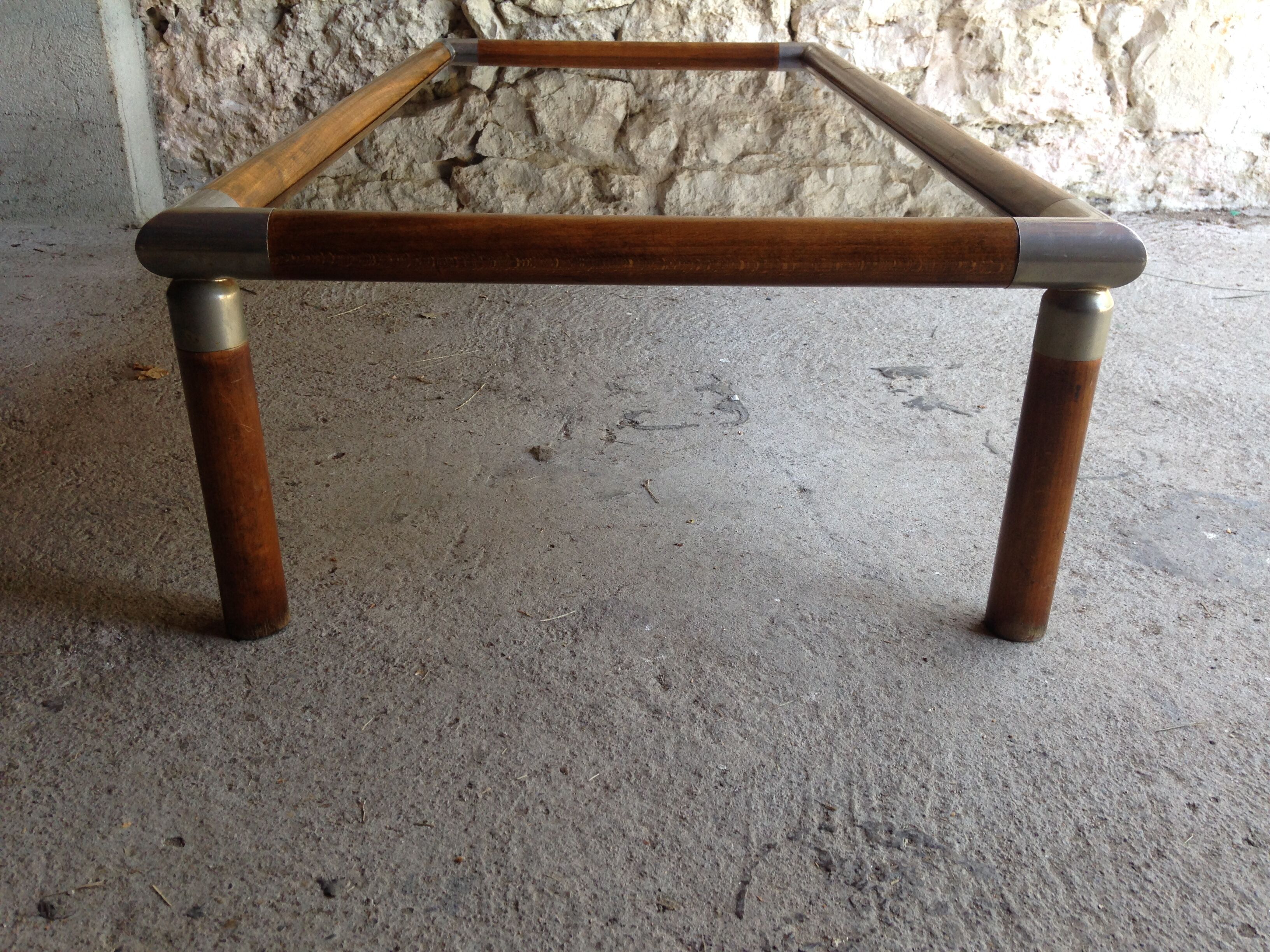 Table design bass, vintage, 70s wood and smoked glass