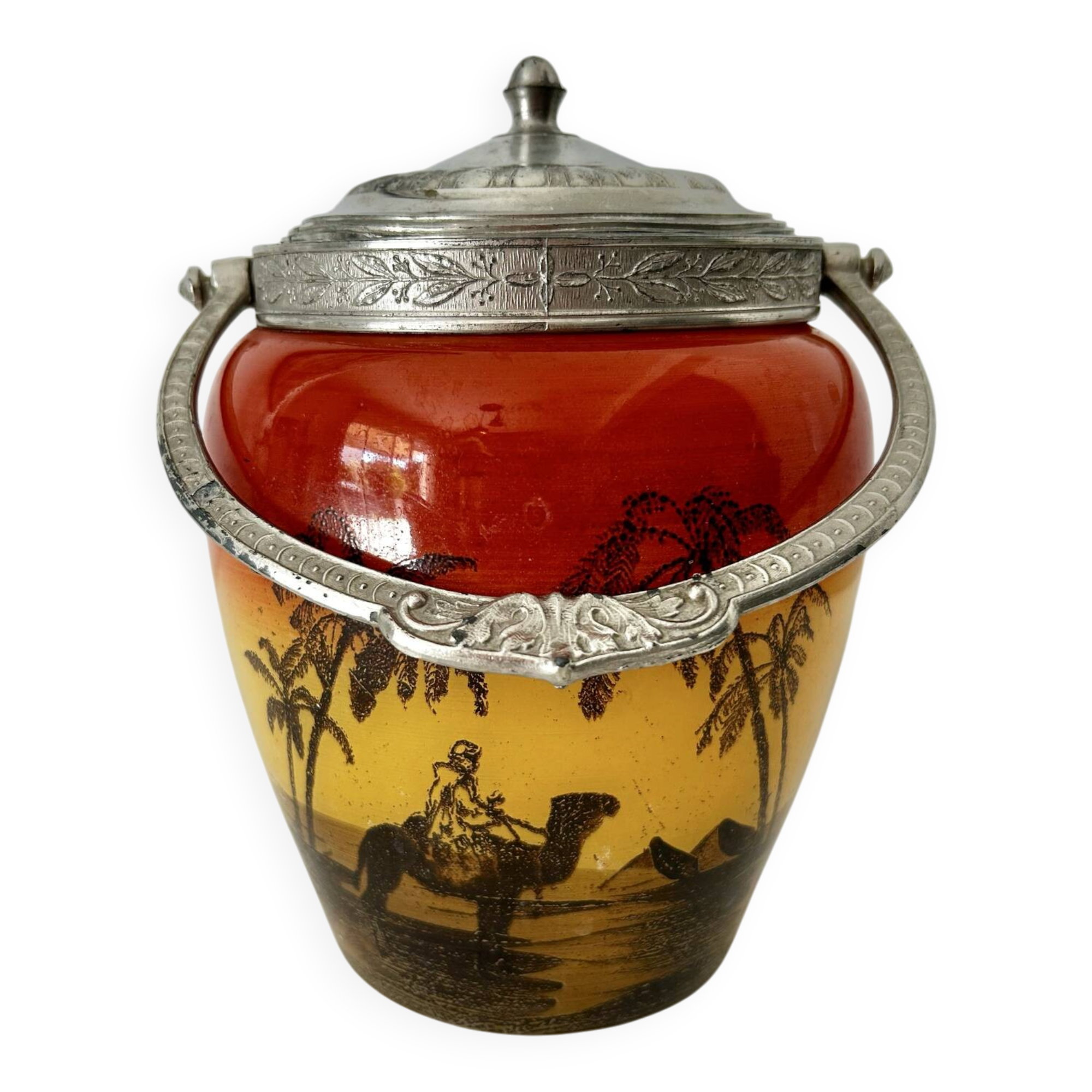 Art Deco biscuit jar in tango orange glass - Egypt Desert decor