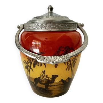 Art Deco biscuit jar in tango orange glass - Egypt Desert decor