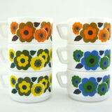 6 cups lotus arcopal france - orange, blue and yellow pop flower patterns - vintage 70s