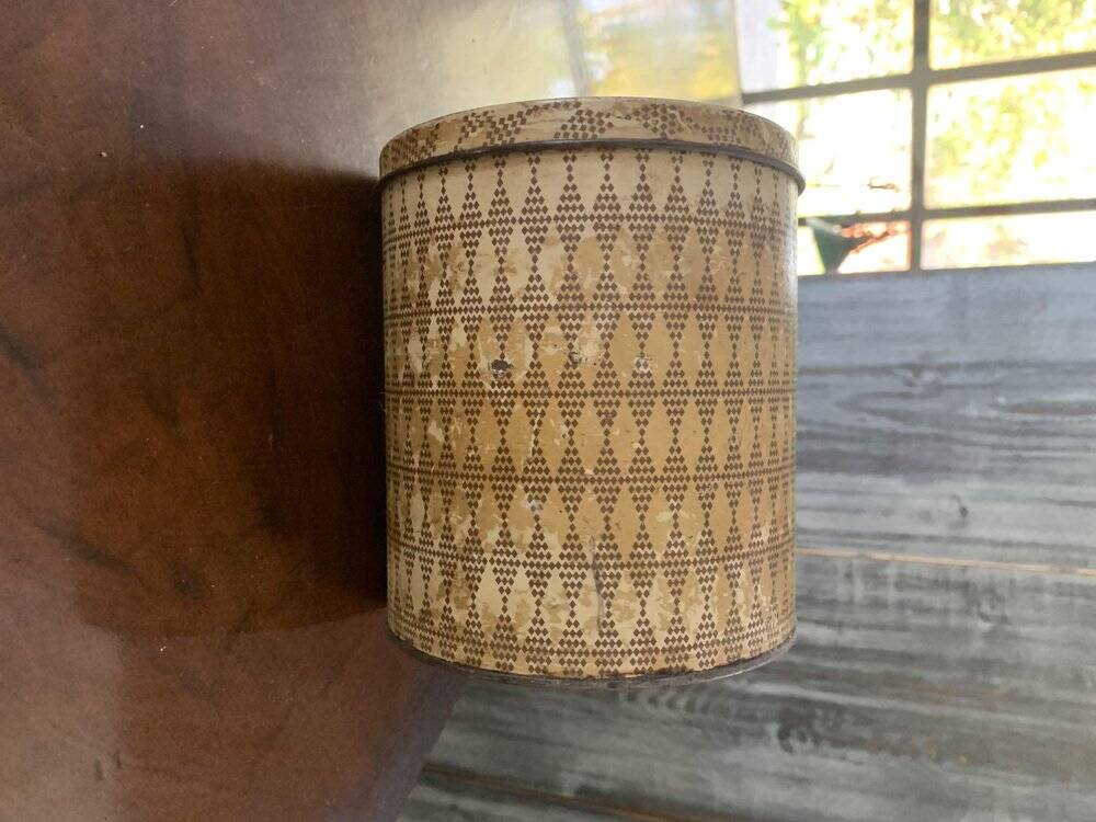 Récipient à farine émaillé vert kaki vintage 1950s - boîte de cuisine décorative en métal