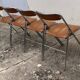 4 folding chairs chromed metal and Skaï fawn 1970