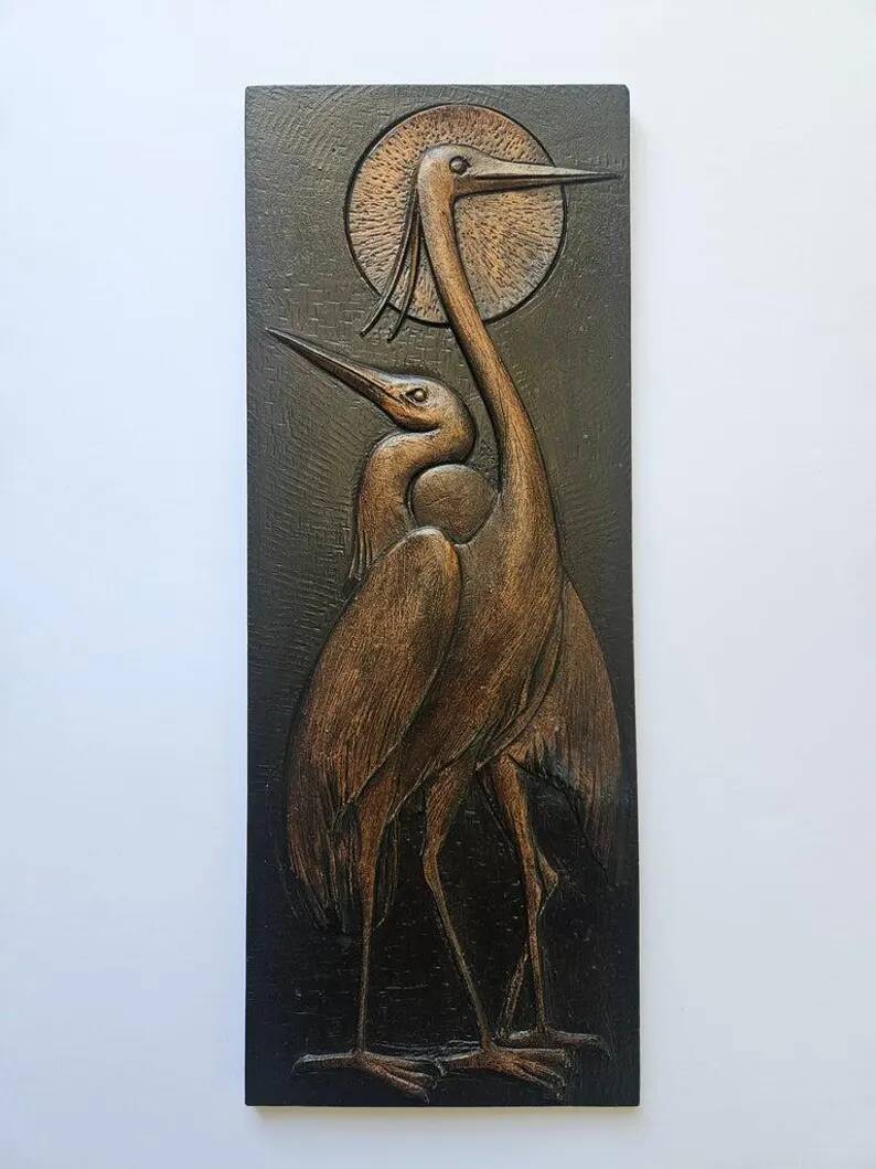 Rare Wall Wood Relief Sculpture of Herons, 1960s