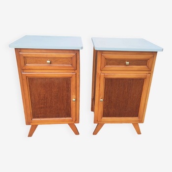 Pair of oak bedside tables, a. 1950; compass base, vintage retro design