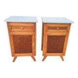 Paire de tables de chevet en chêne, a. 1950 ; piètement compas, design rétro vintage