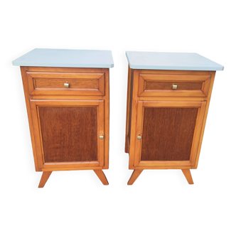 Pair of oak bedside tables, a. 1950; compass base, vintage retro design