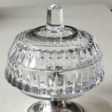 Ancien sucrier en cristal motifs pointes diamant base argenté perlée