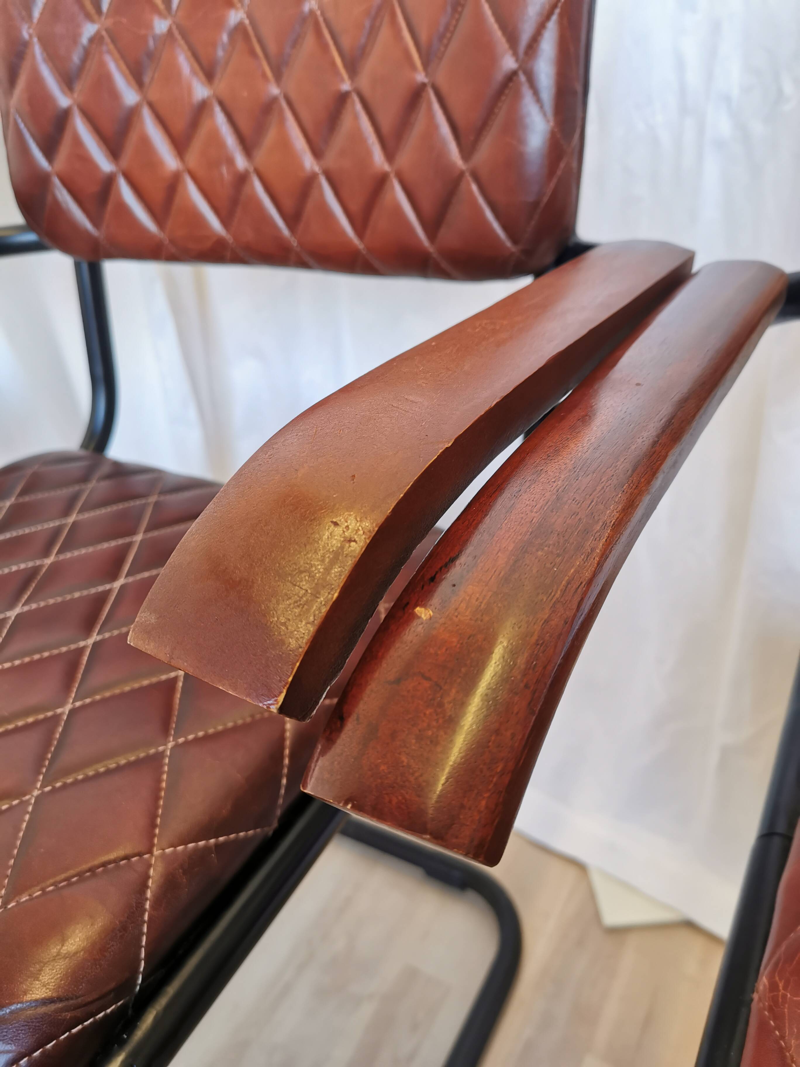Set of 4 Vintage Quilted Leather Dining Chairs: Black Metal Base