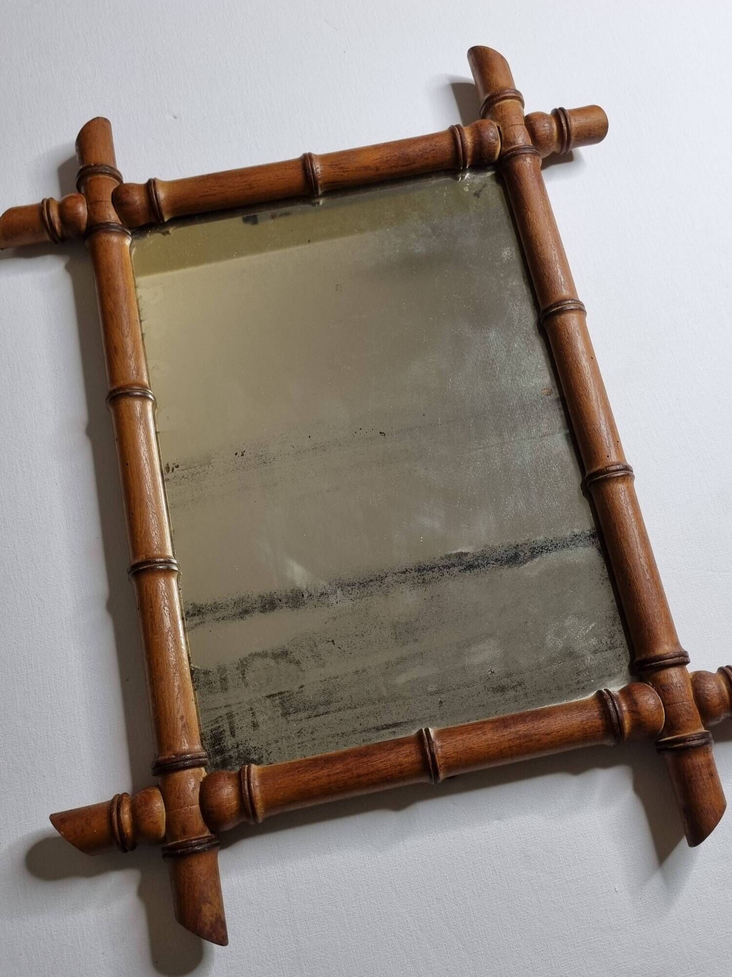Turned wooden mirror in imitation of bamboo, mid-century, 47 cm x 59 cm
