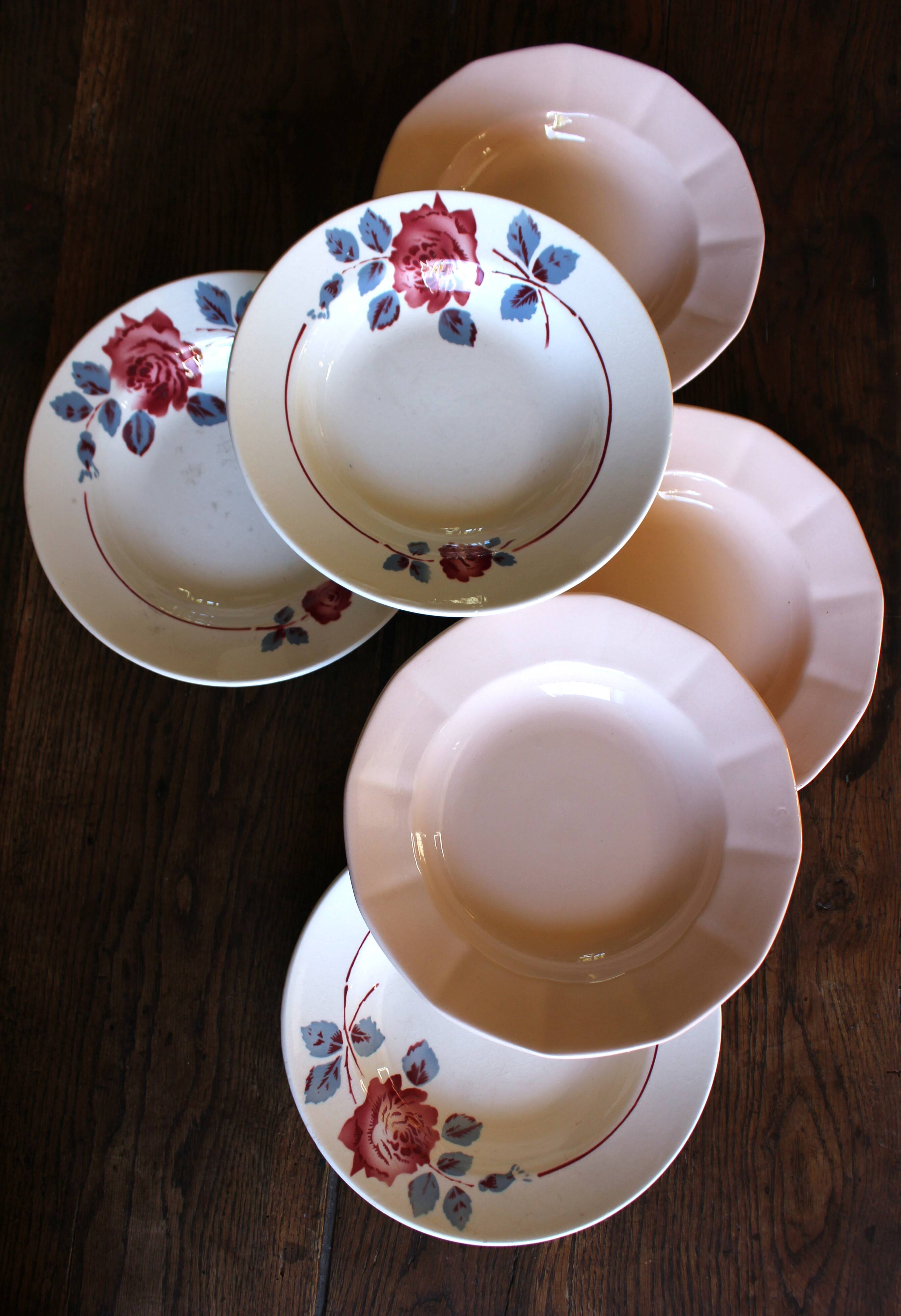 6 mismatched pink deep plates Digoin Badonviller Art Deco
