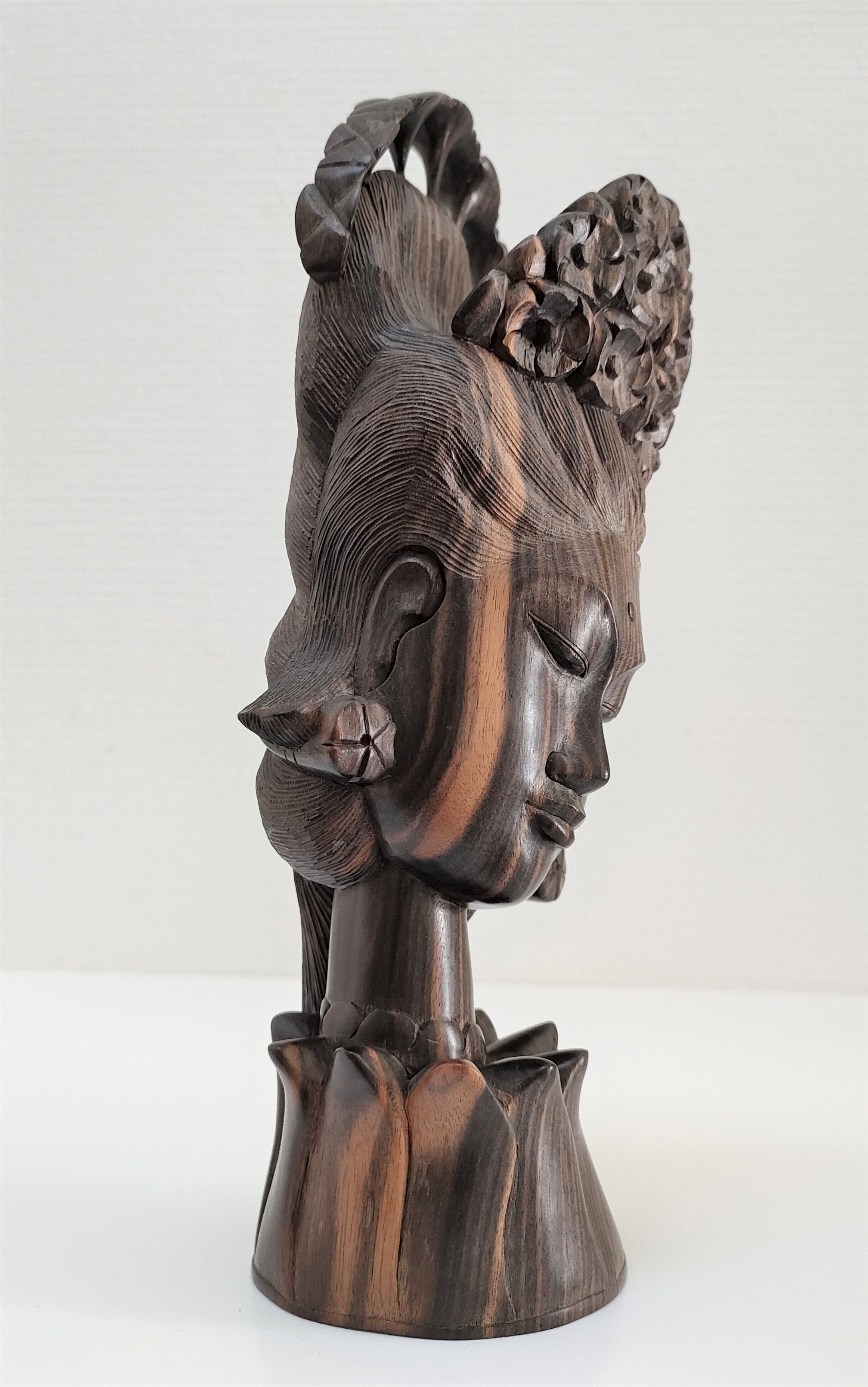 Wooden bust of woman with floral headdress sculptural work of the 60s-70s