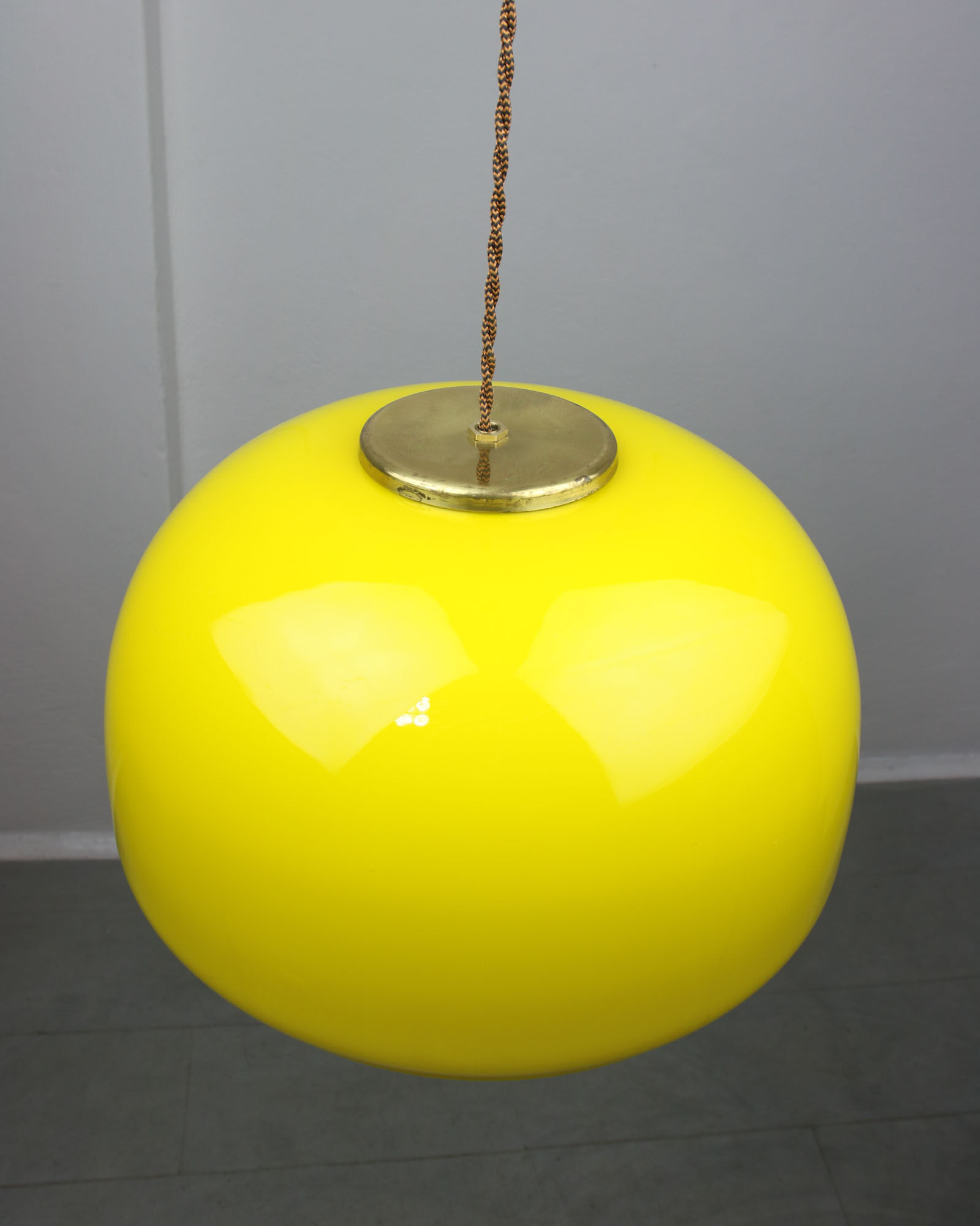 Mid-century Yellow Glass & Brass Pendant Lamp