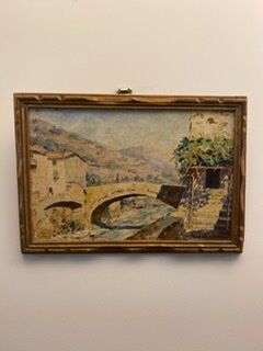 Ancient painting, landscape, escarene bridge, signed Joseph Vernay (1864-1950)