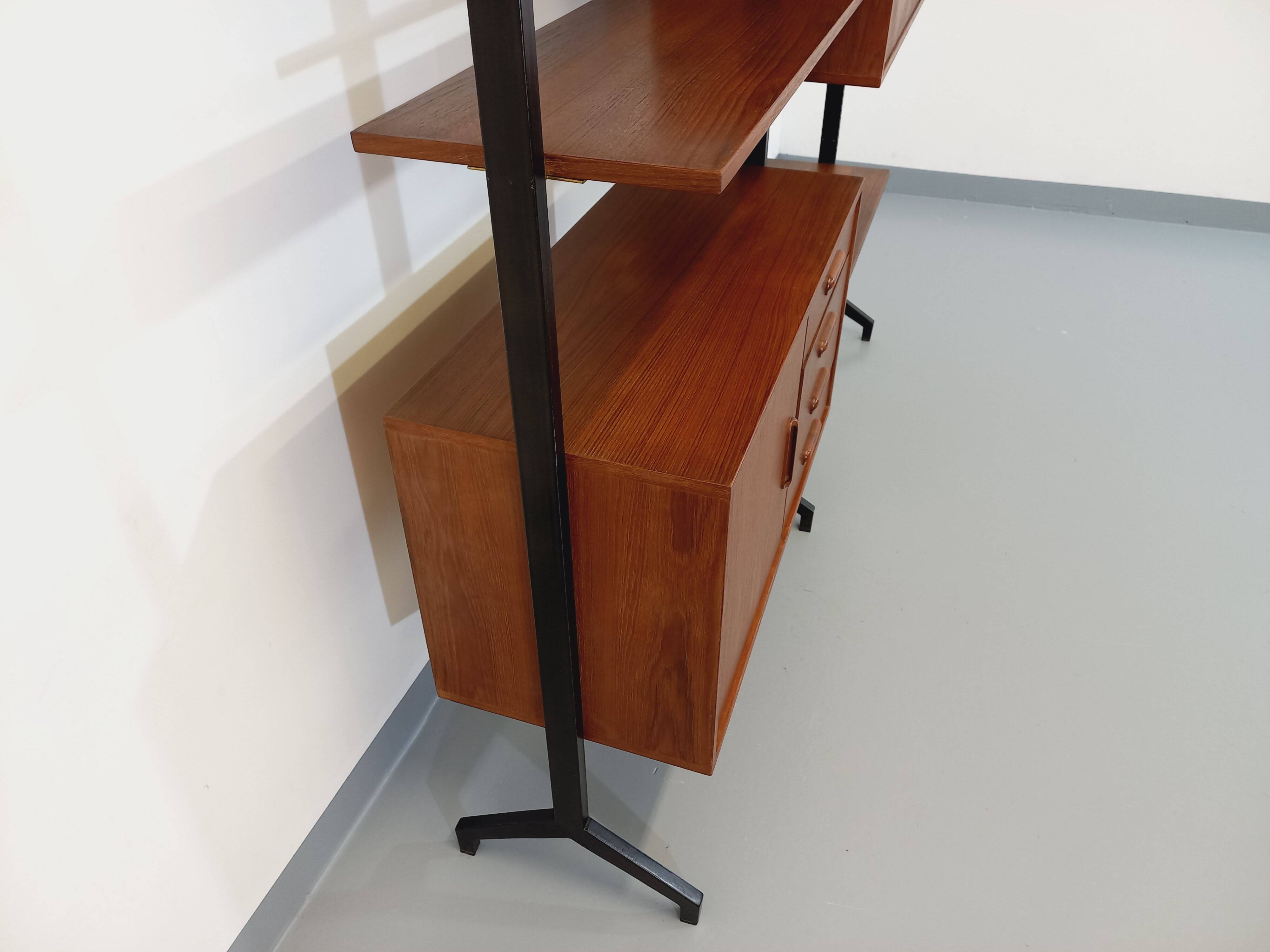 Italian bookcase vintage modular double shelf in teak and metal from the 60s