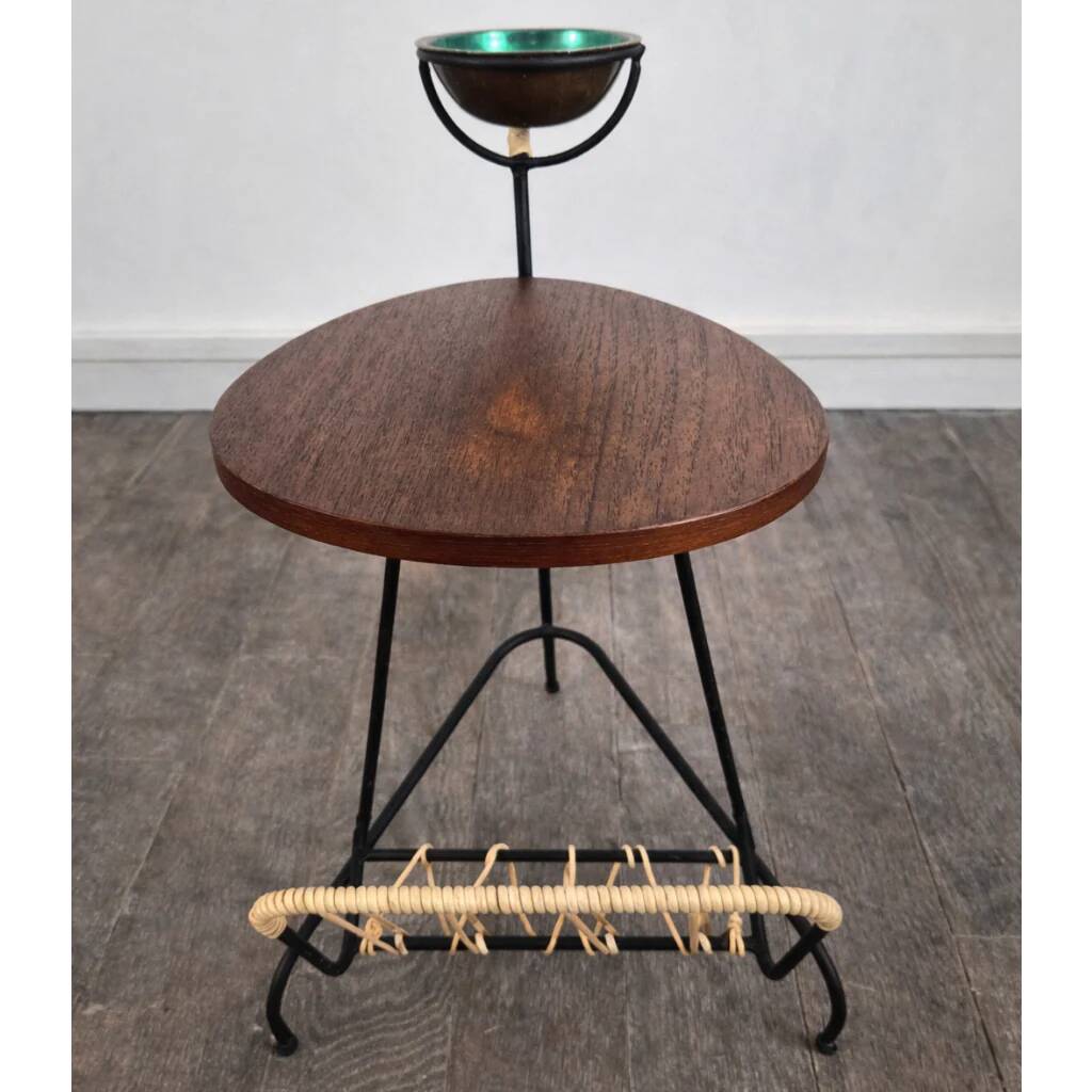 Small side table, magazine rack and ashtray in iron and teak, Denmark, 1950.