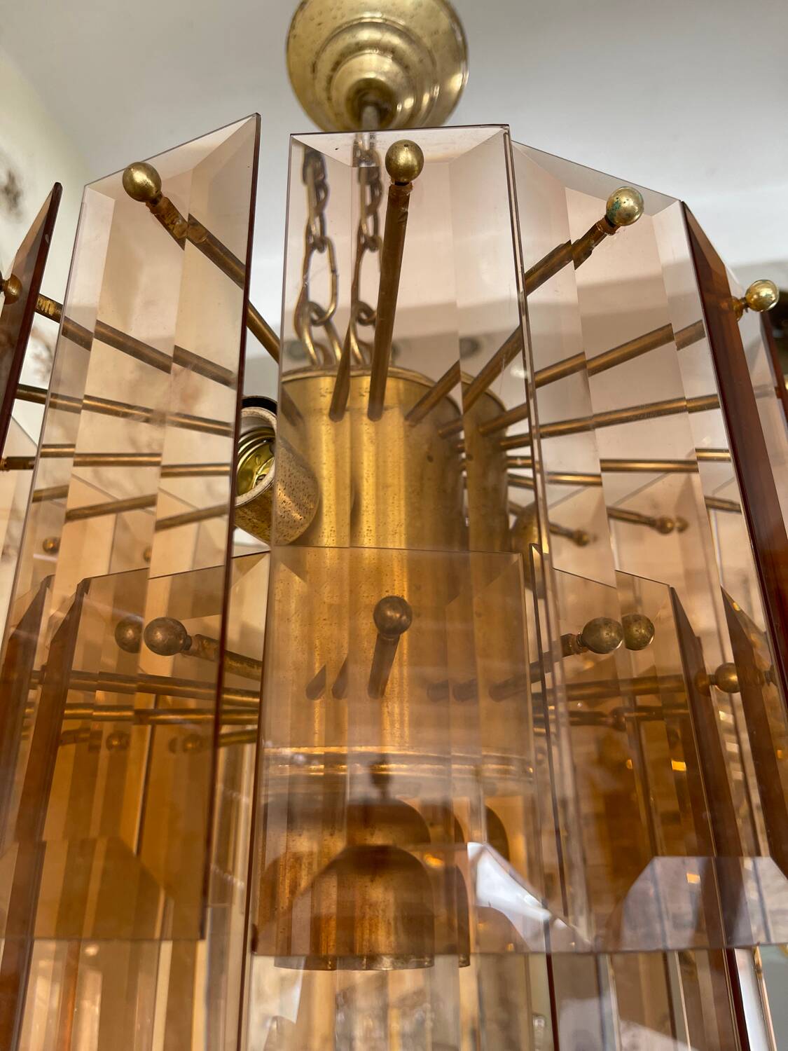 Veca chandelier glass structure brass, Spain 1960