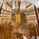 Veca chandelier glass structure brass, Spain 1960