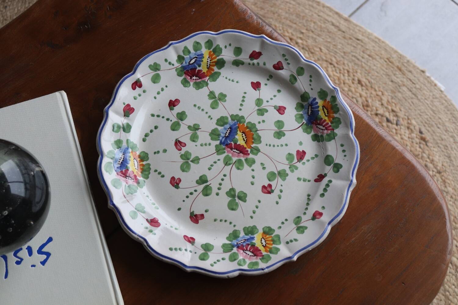 Large painted ceramic flowered dish Italy