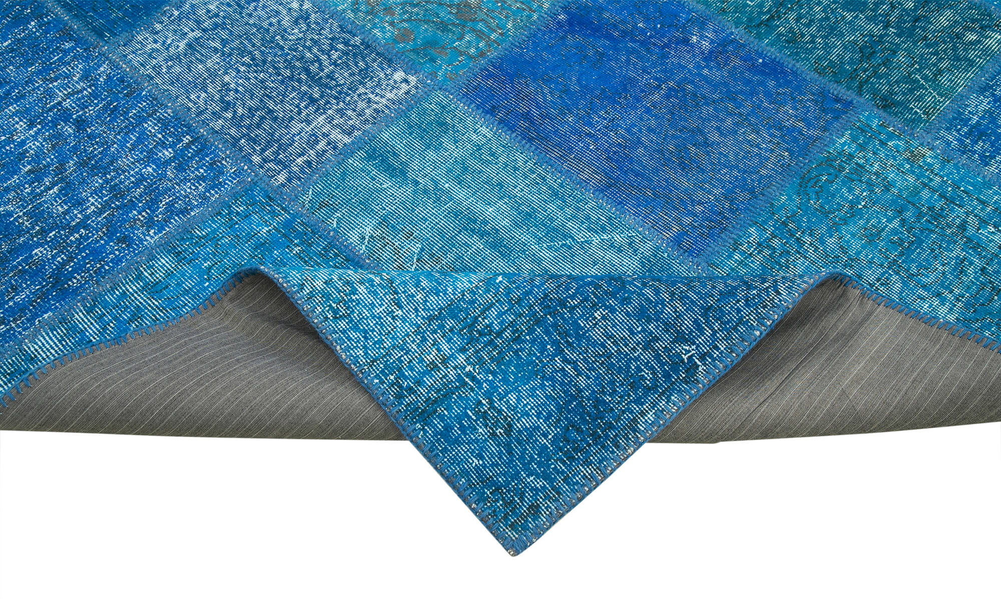 Hand-knotted oriental overdyed 205 cm x 305 cm blue patchwork carpet