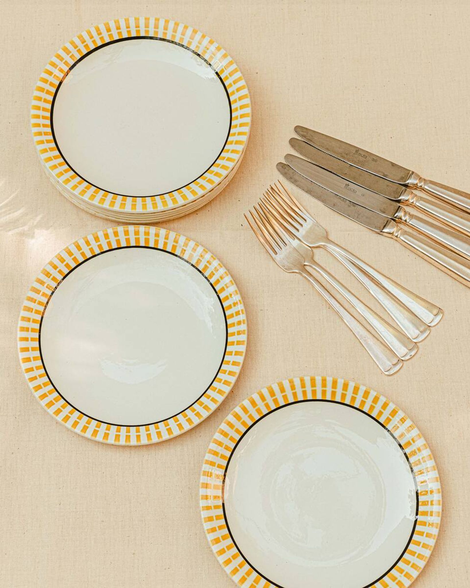 French Country Style Hand Painted Breakfast Plates with Yellow Stripes, Set of 8