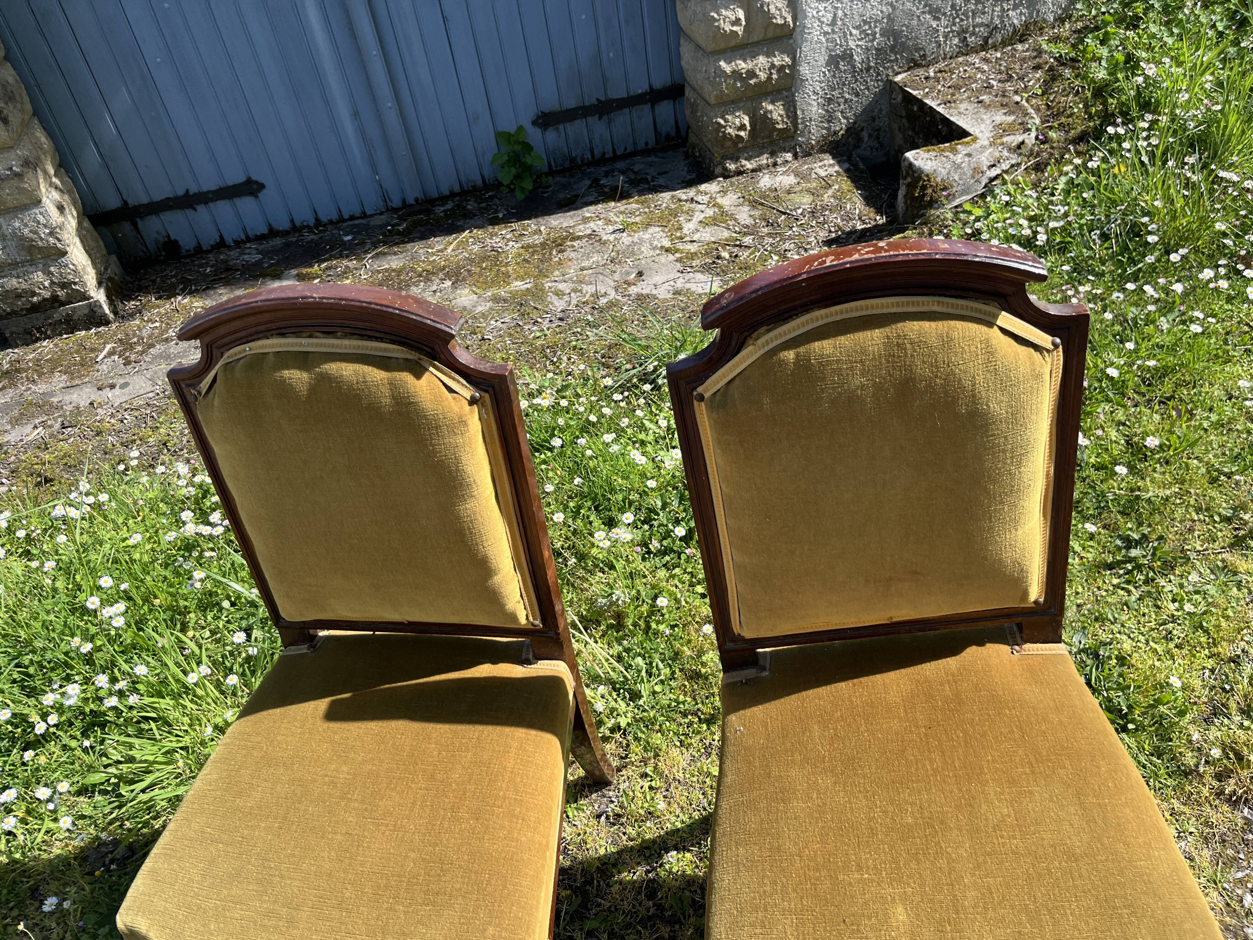Pair of antique Louis XVI style chairs - carved wood - green velvet -