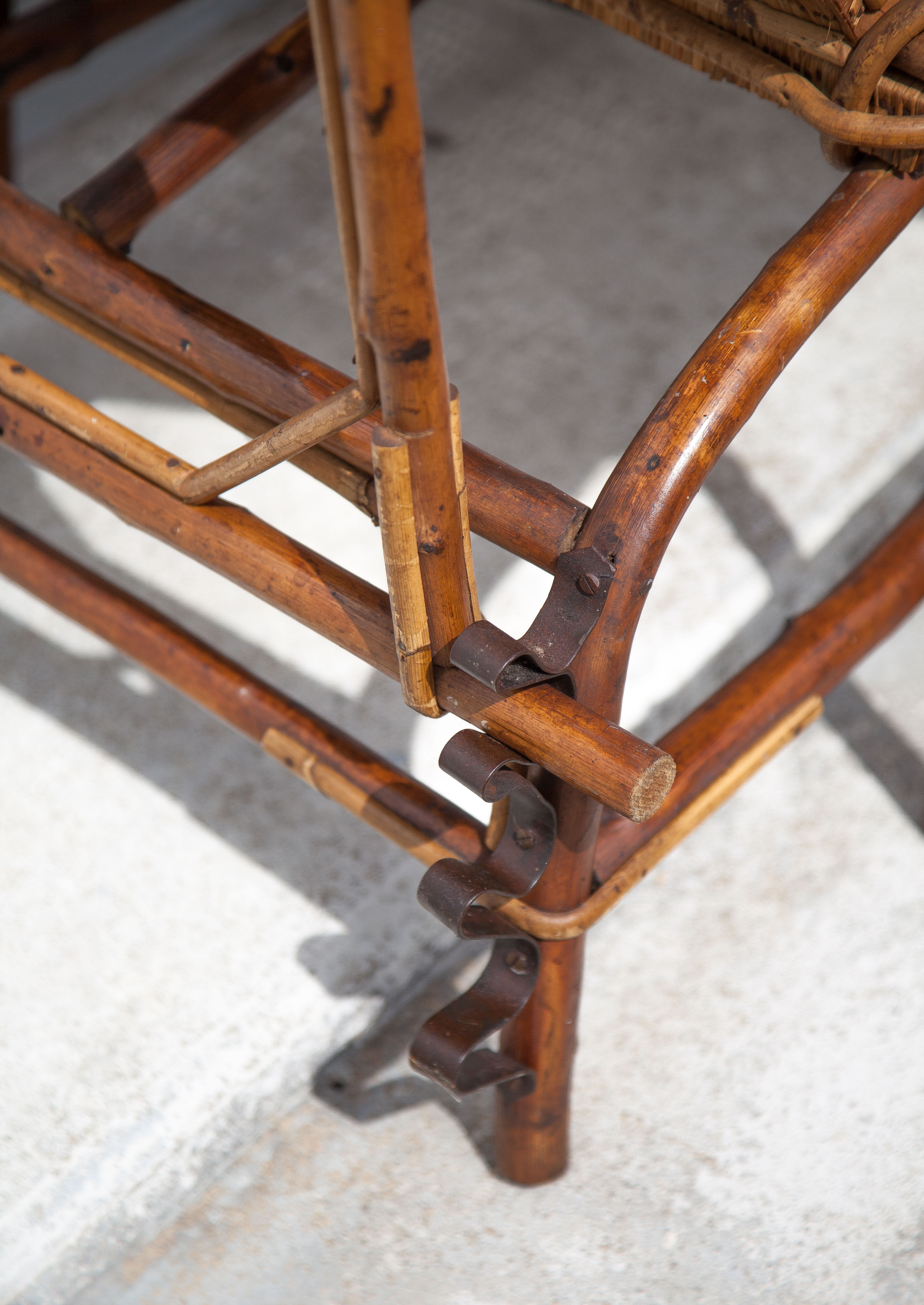 Antique rattan chaise longue, Chilean, rattan deckchair, folding backrest, removable footrest